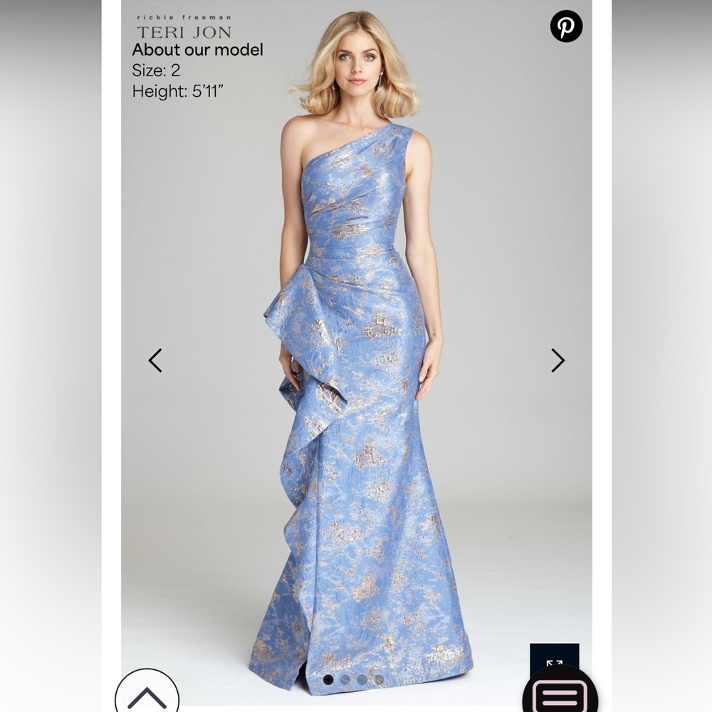Elegant Blue Jacquard One-Shoulder Side Ruffle Gown- Size 4